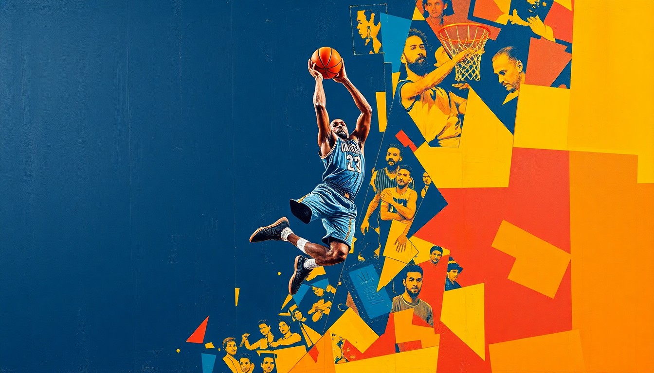 A cubist-style painting depicting a basketball player's jump shot broken down into overlapping geometric shapes and planes in navy, red, and yellow, conveying the dynamic energy of the sport.