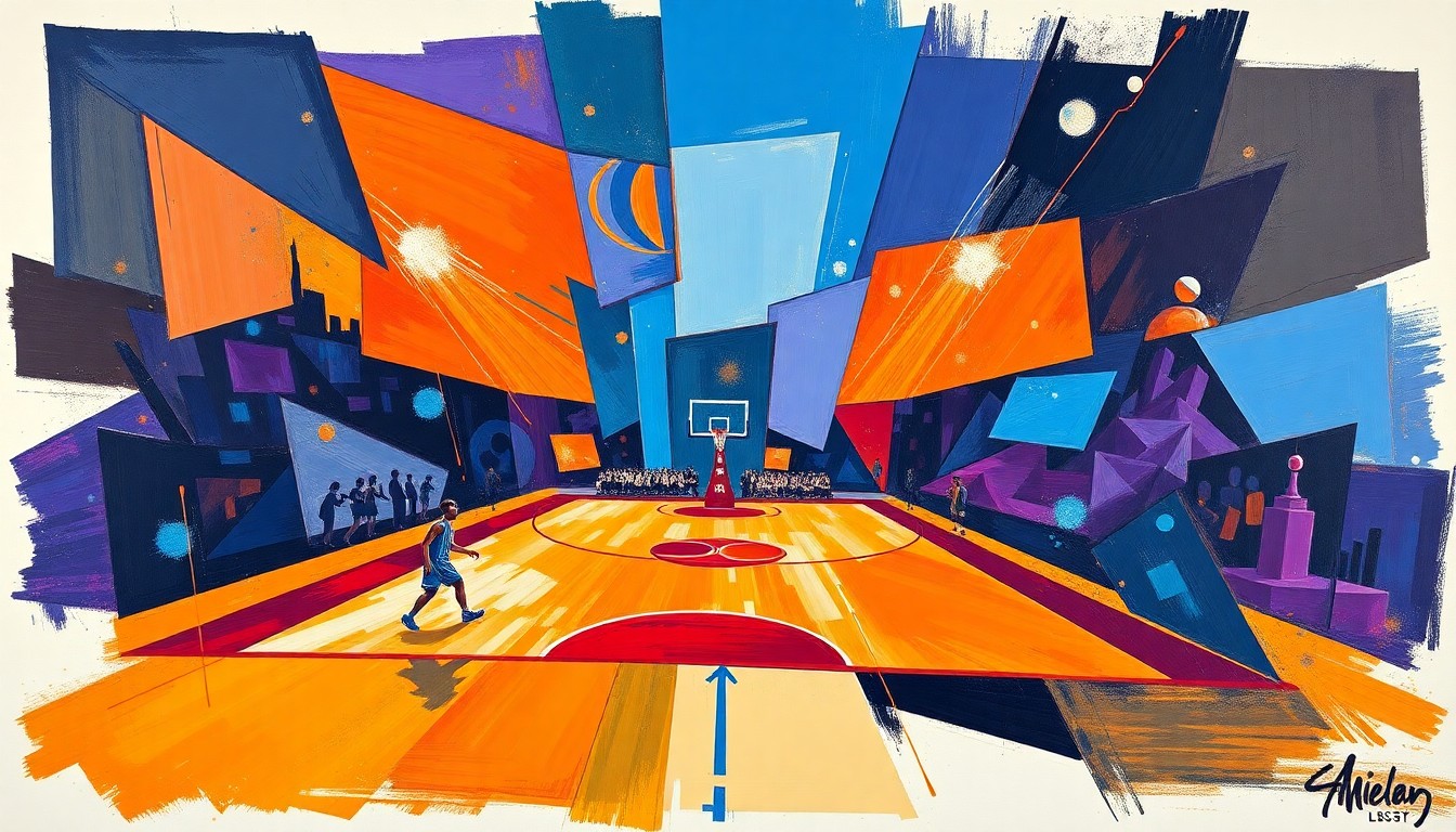 A fragmented, geometric painting depicting the overlapping planes and shapes of a basketball game, with vibrant colors representing the physicality and intensity of the sport.