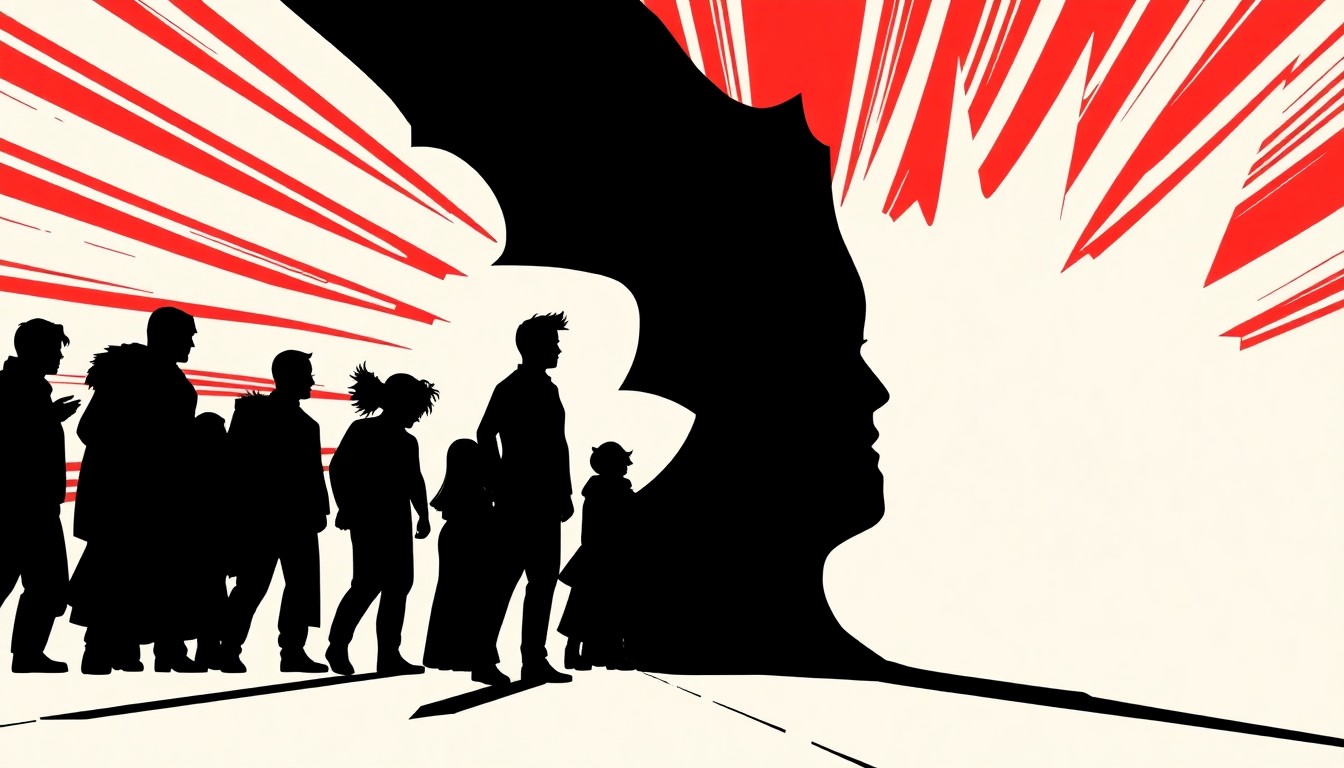 An abstract composition of jagged, angular shapes in bold red and black, conveying a sense of tension and conflict without depicting any specific characters or scenes.