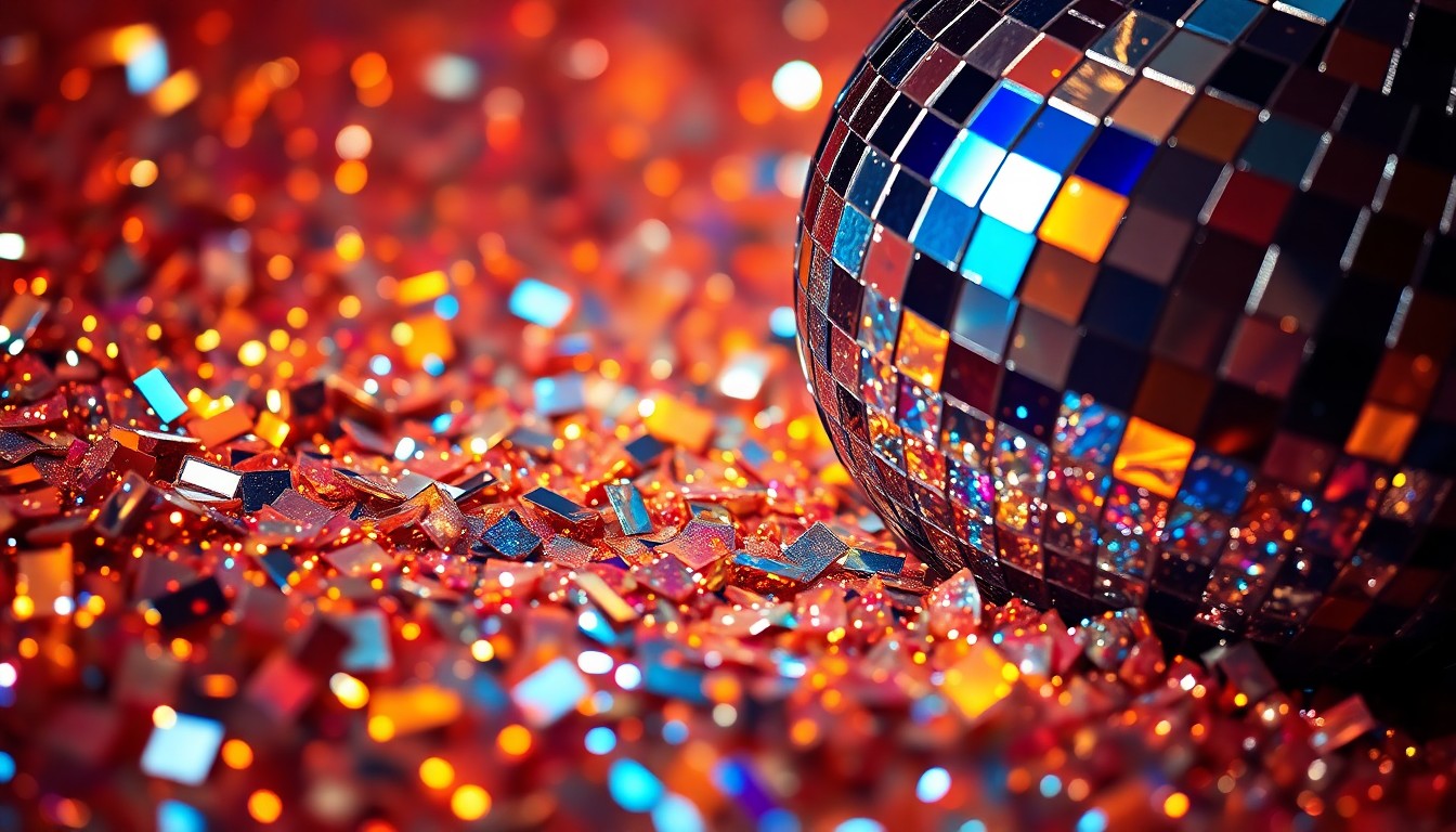 An abstract close-up photograph of shimmering sequins and glittering disco ball fragments, reflecting dramatic studio lighting to capture the high-energy glamour of a music festival performance.