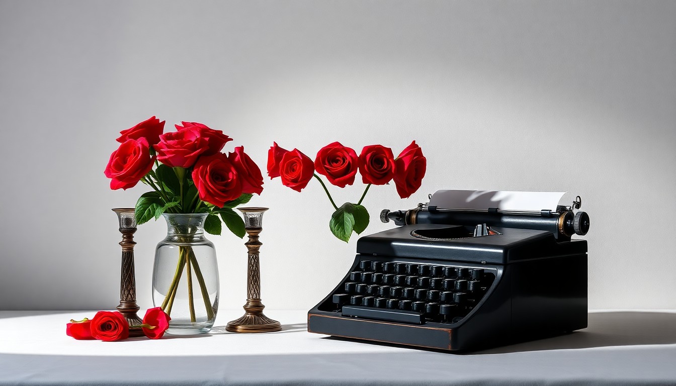 A high-end, photorealistic studio still-life photograph featuring an elegant arrangement of a glass vase filled with vibrant red roses, a pair of ornate stained-glass candlesticks, and a vintage typewriter on a clean, monochromatic seamless background, conceptually representing the blend of floral, artistic, and nostalgic elements of the new Shards & Thorns shop.