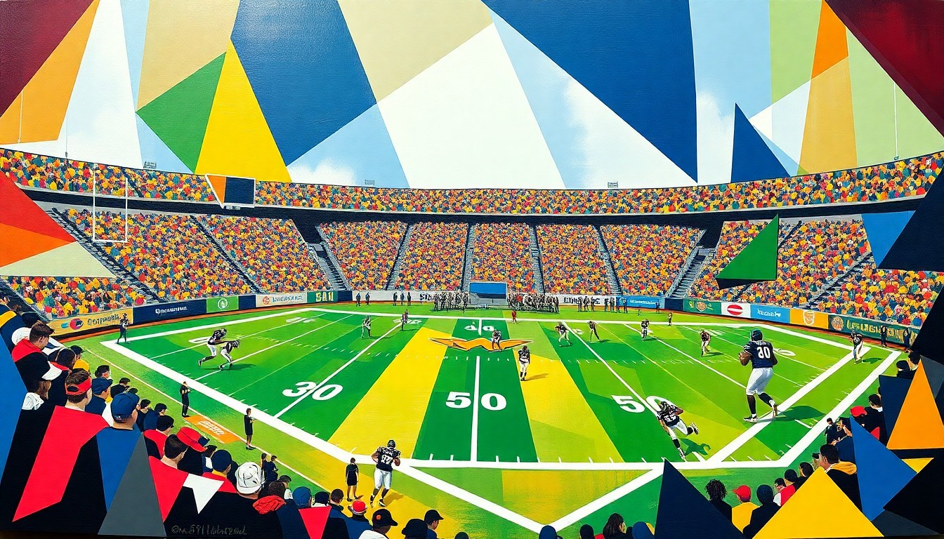 An abstract, cubist-style painting depicting a college football game, with the players and field represented as fragmented, geometric shapes in the official colors of the teams involved.