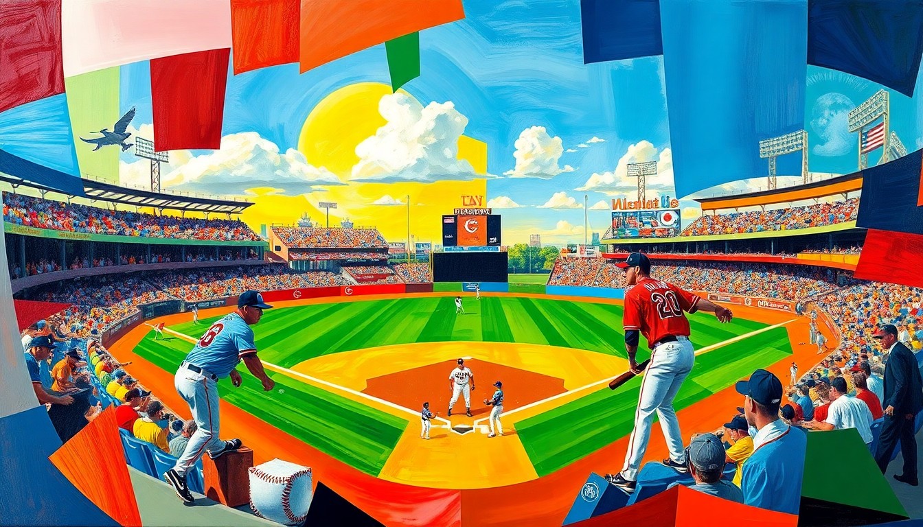 A fractured, geometric painting in vibrant colors depicting a baseball game, with sharp, overlapping planes representing the players, field, and action.
