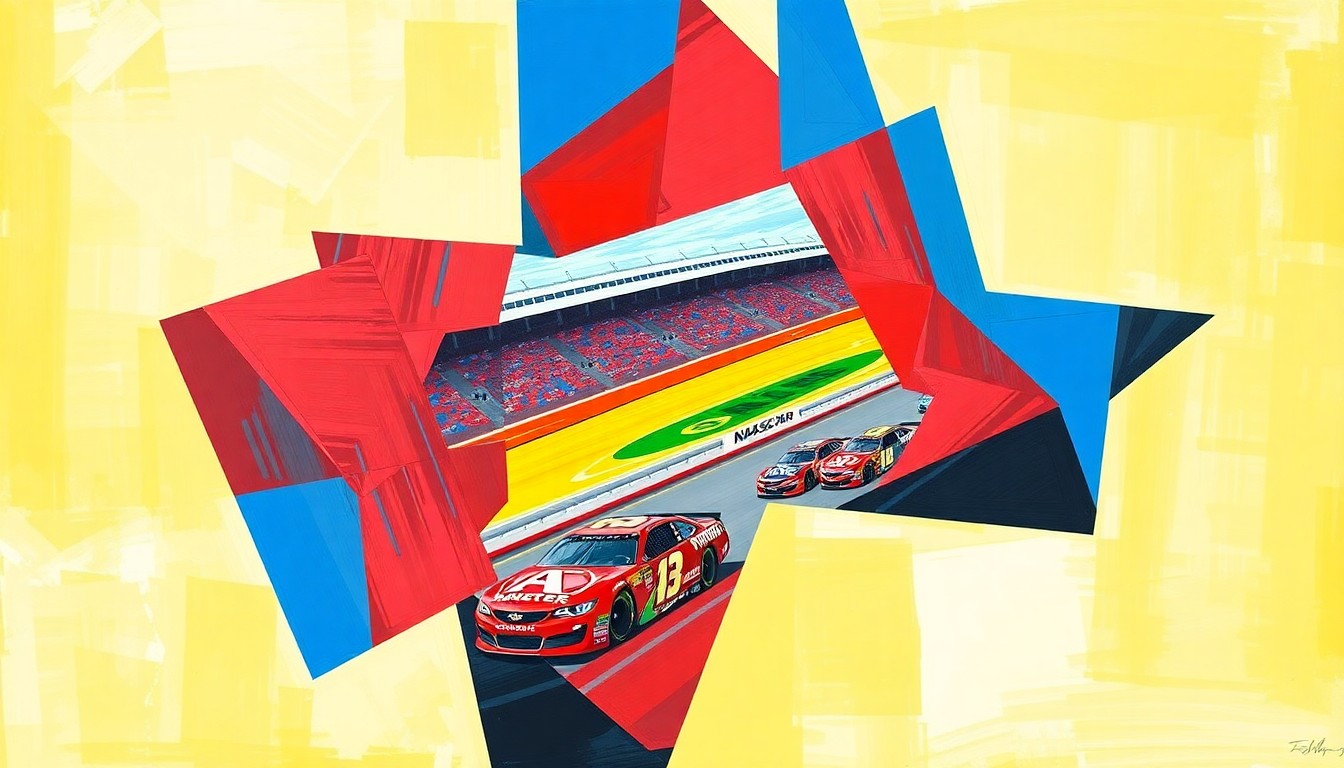 A fractured, geometric painting depicting a NASCAR race at Bristol Motor Speedway, with sharp planes of color and overlapping perspectives conveying the raw energy and intensity of the event.