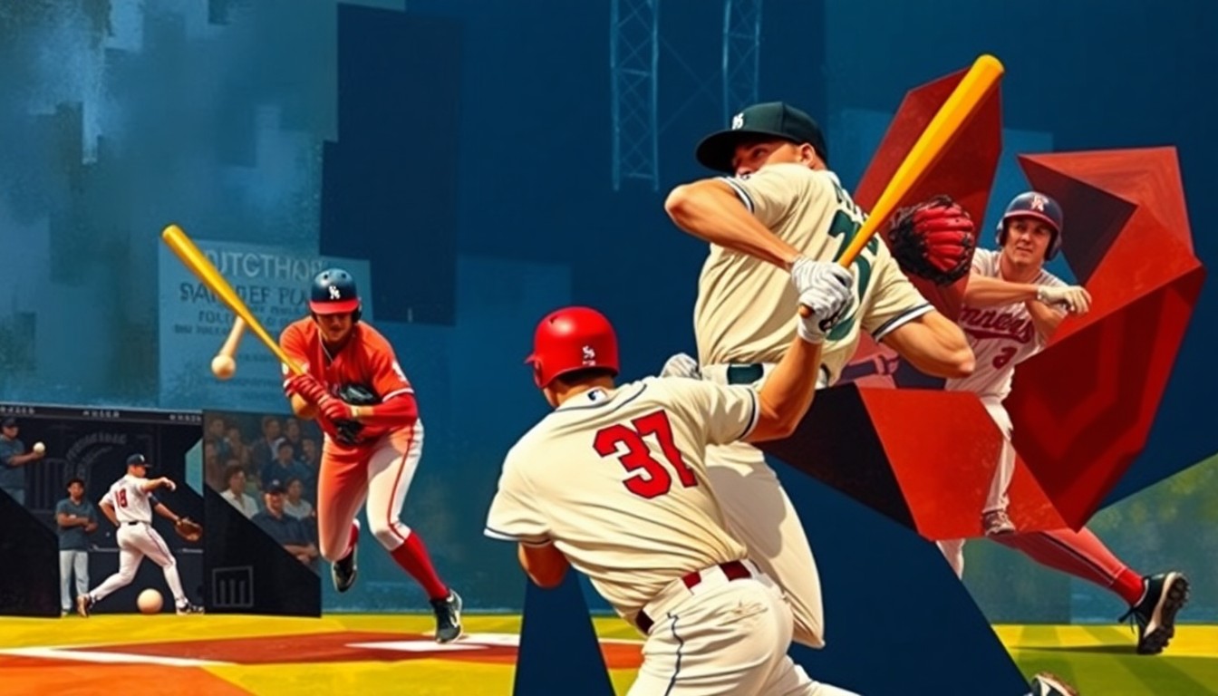 A fractured, multi-perspective painting featuring sharp, overlapping geometric planes in vibrant navy, crimson, and gold colors, capturing the dynamic motion and energy of a baseball game.