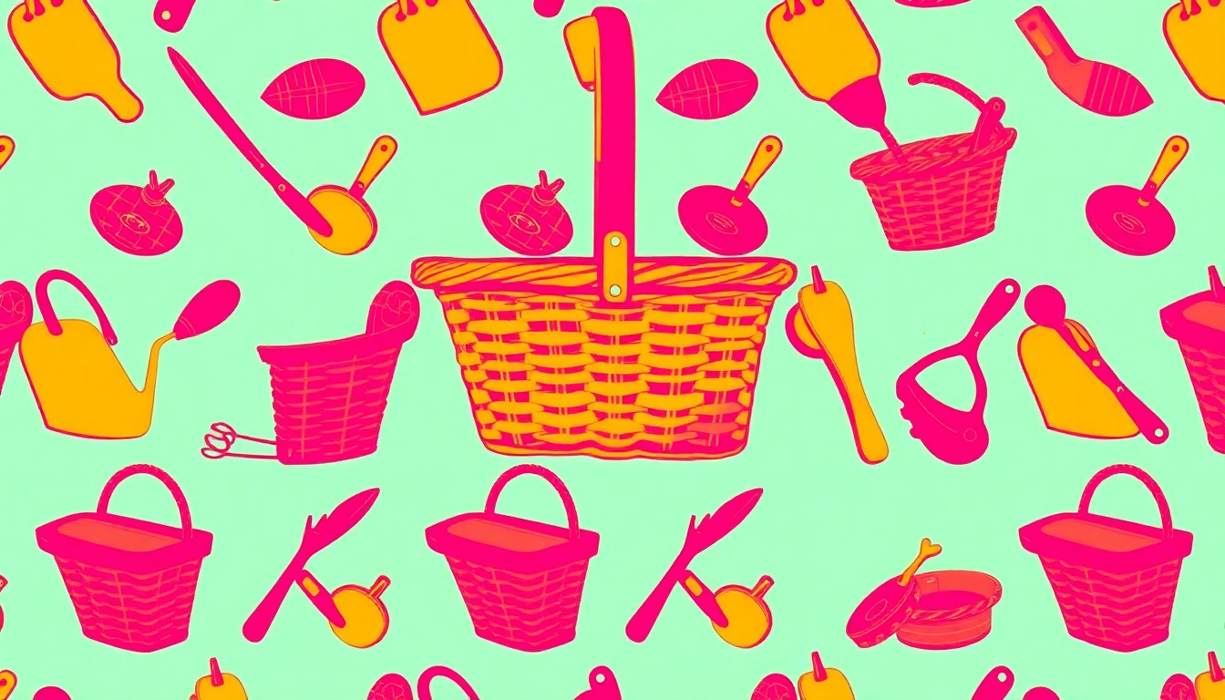 A high-contrast, silkscreen-style illustration featuring a repeated pattern of a colorful picnic basket, garden trowel, and frisbee in a neon color palette, conceptually representing the lively springtime activities taking place in the West Villages community.
