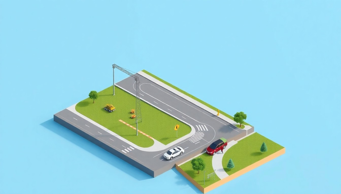 A colorful, minimalist 3D illustration depicting a conceptual view of the Route 47 construction project in Woodstock, Illinois, with new traffic lanes, a raised median, and a mixed-use path.
