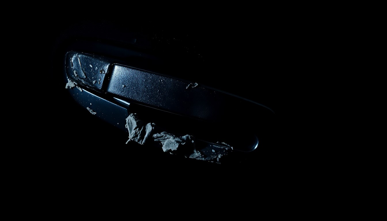 An extreme close-up photograph of a damaged luxury car door handle, lit by a harsh, direct camera flash against a pitch-black background, conceptually illustrating the vandalism at the heart of an insurance fraud case.