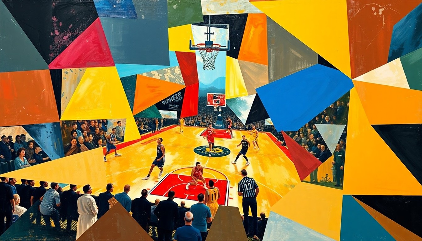 A cubist, geometric painting depicting a basketball game, with overlapping planes of color and shape representing the dynamic action on the court.