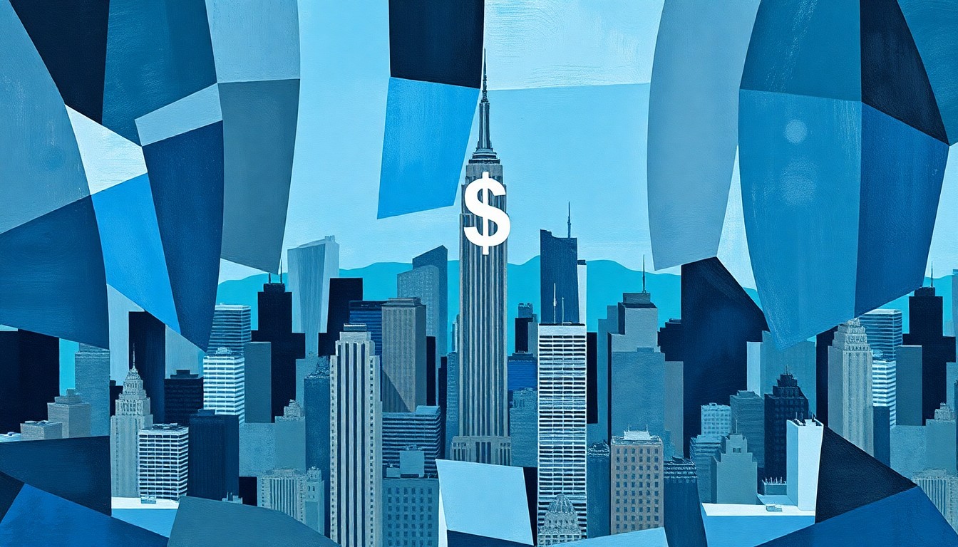 A dynamic, abstract painting featuring a fragmented New York City skyline in shades of blue, grey, and black, with a central dollar sign symbol floating above, conceptually representing the controversial economic implications of the city's proposed racial equality tax plan.