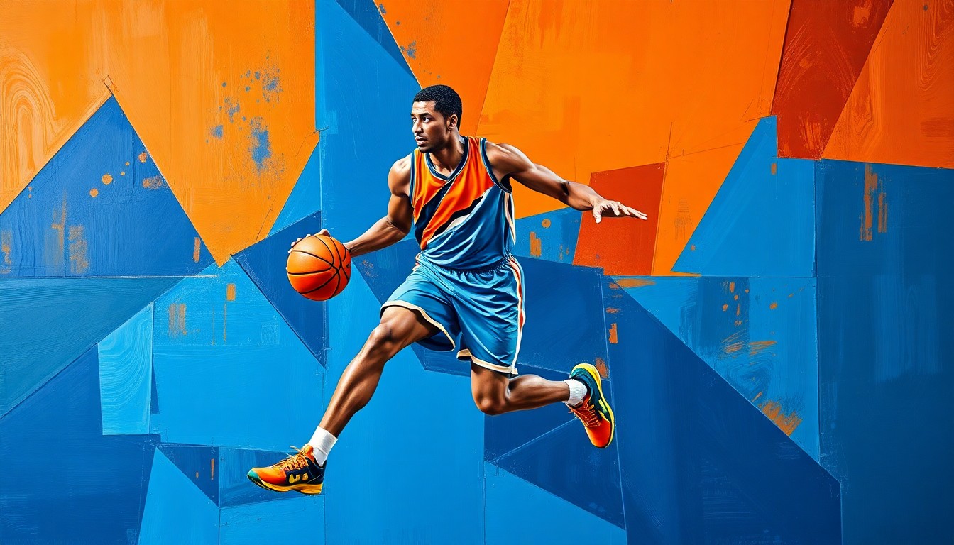 A cubist-style painting depicting a basketball player in motion, with their body broken down into sharp, overlapping geometric shapes in a palette of deep blue, bright orange, and metallic silver, conveying the dynamic energy of the sport.