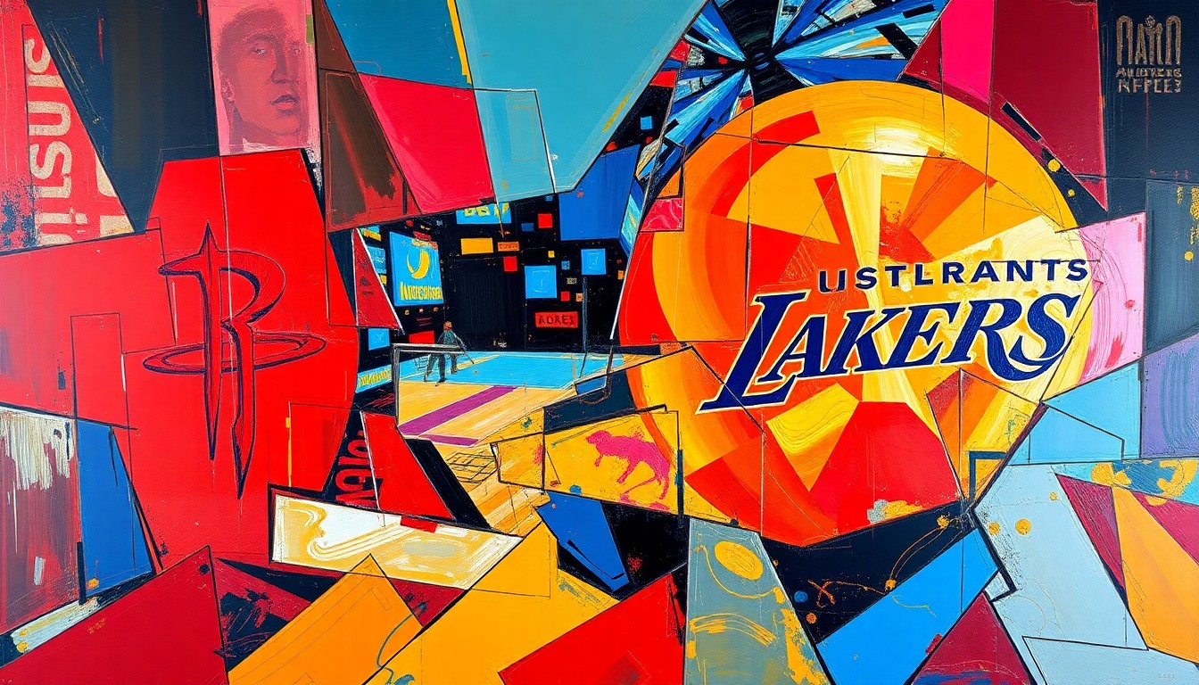 A cubist, geometric painting depicting a basketball game between the Houston Rockets and Los Angeles Lakers, with the players and court fragmented into sharp, overlapping shapes in a vibrant color palette.