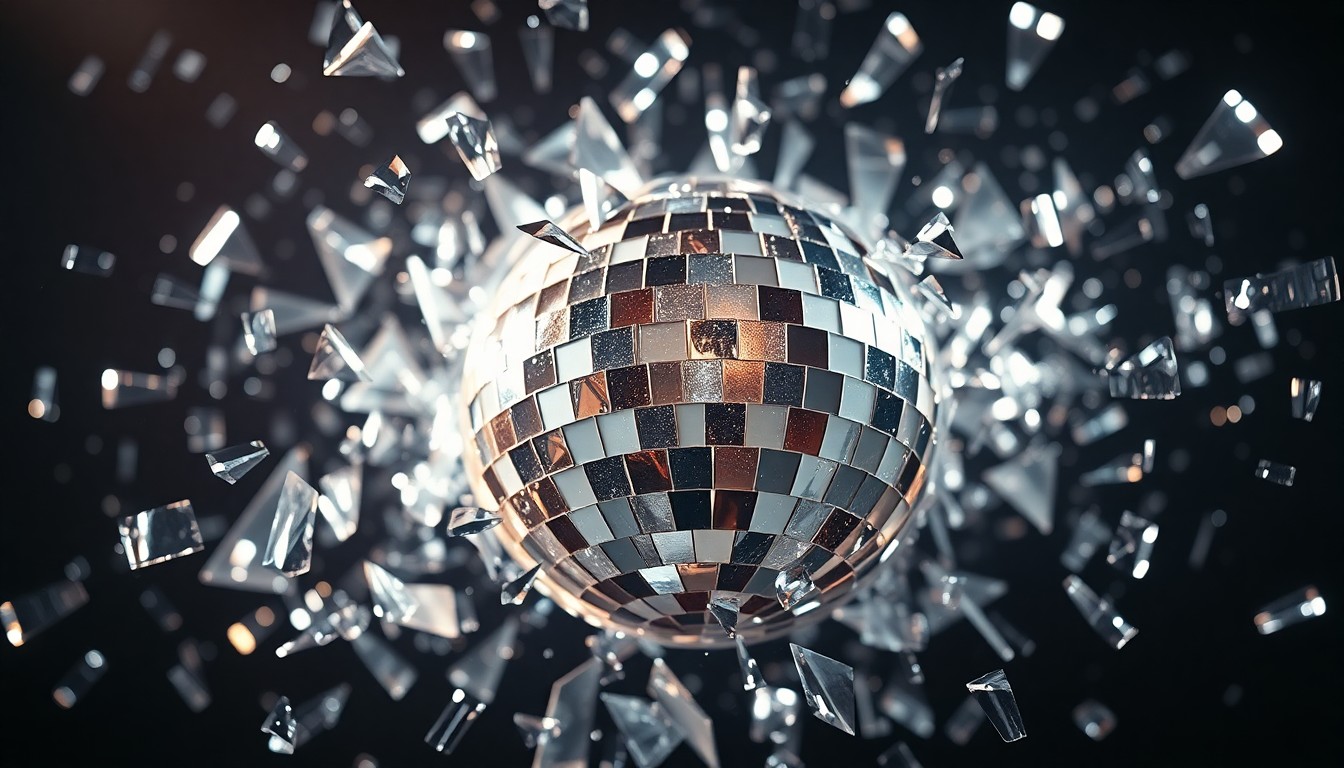 An extreme close-up photograph of shattered, glittering glass fragments reflecting dramatic studio lighting, conveying the conceptual idea of the hidden flaws and 'bad' songs beneath the surface of rock star perfection.