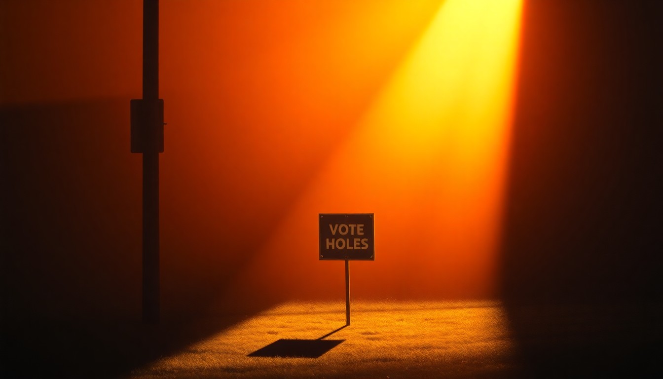 A photorealistic oil painting depicting a lone campaign sign on a residential street, with warm sunlight casting deep shadows across the scene, conveying a sense of quiet contemplation about the role of local politics.