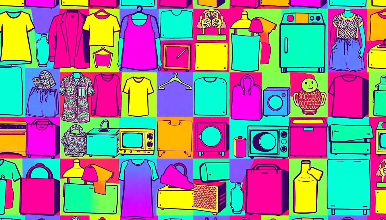 A high-contrast silkscreen print in neon pink, yellow, and blue featuring a repeating pattern of a vintage leather suitcase, conceptually representing the thrill of thrifting and the variety of unique items found in Pennsylvania's best secondhand stores.
