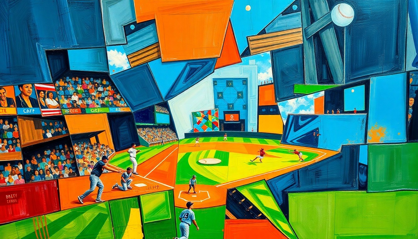 A fragmented, geometric painting in bold colors depicting the motion and impact of a baseball player swinging the bat, conveying the thrill of a potential home run.