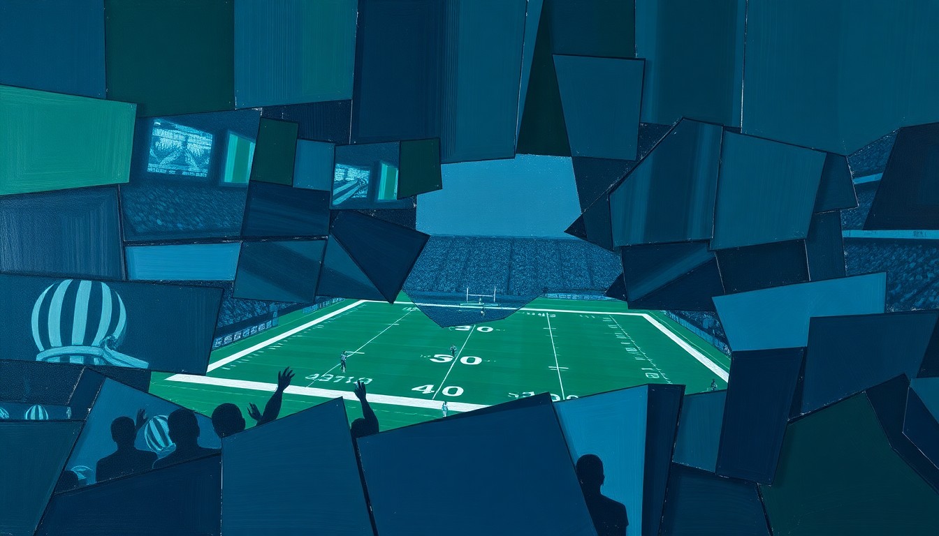 A cubist, geometric illustration depicting fragmented and overlapping shapes in shades of navy, green, and gray, conceptually representing the complex maneuvering of an NFL draft trade.