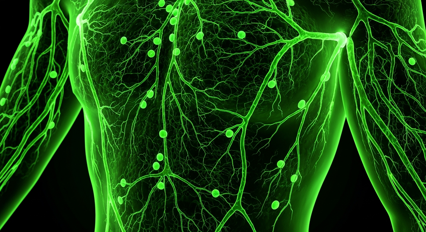 An X-ray-like image showing the intricate structure of the lymphatic system, with glowing, ghostly lines against a dark background, conceptually representing the targeted nutritional support offered by PureHealth Research's new supplements.