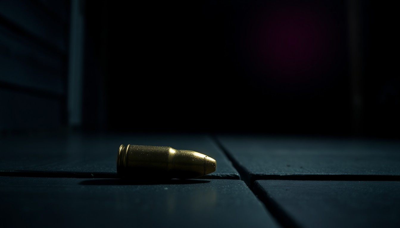 An extreme close-up photograph of a metallic shell casing reflecting bright light from a harsh camera flash, conveying the serious, investigative nature of a crime scene.