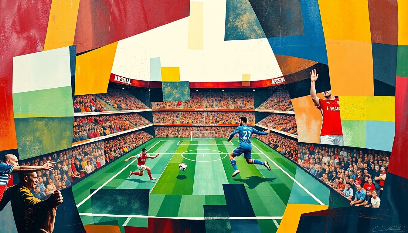 A cubist, geometric painting depicting a Premier League football match between two teams, with the players and field broken down into sharp, overlapping planes of color and shape, creating a fragmented, multi-perspective view of the action.