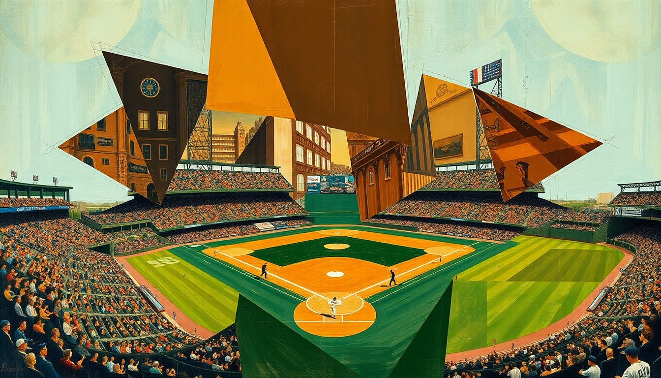 A cubist-style painting featuring overlapping geometric shapes and planes in earthy tones, conceptually representing the complex history and cultural significance of baseball.
