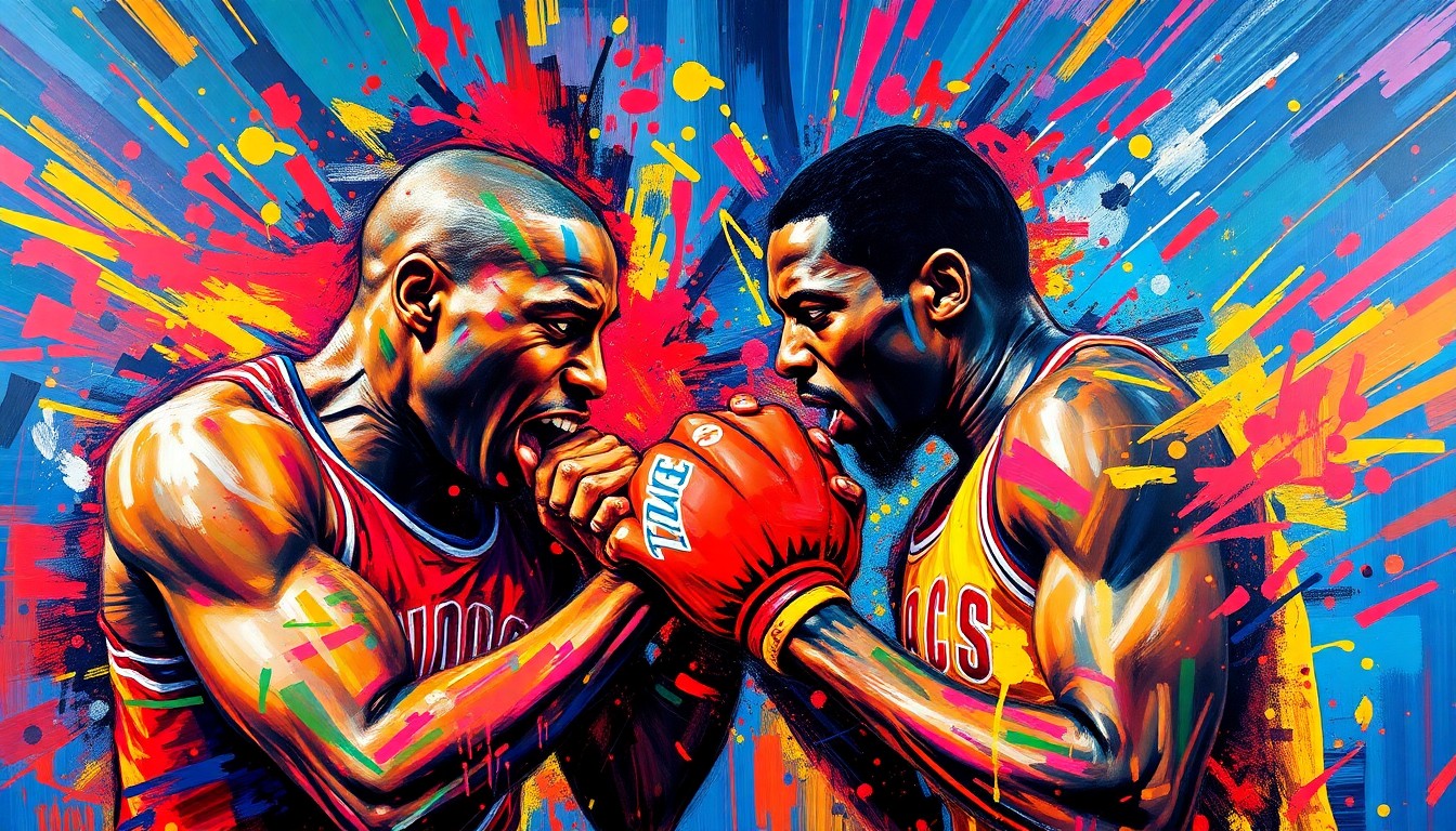 A vibrant, expressionist painting in neon colors showing the physical confrontation between two basketball players, their faces and bodies blurred into unrecognizable splatters of paint, conveying the raw energy and emotion of the moment.