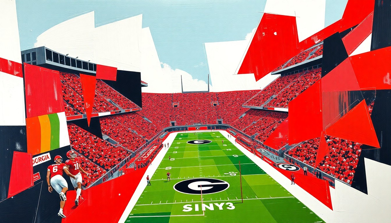 A fragmented, geometric painting depicting a Georgia Bulldogs football game, with sharp planes of red, black, and white overlapping to create a dynamic, multi-angled visual representation of the action on the field.