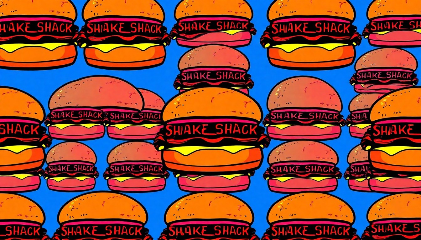 A vibrant, high-contrast silkscreen print featuring a Shake Shack burger repeated in a grid pattern, capturing the brand's modern pop art aesthetic.