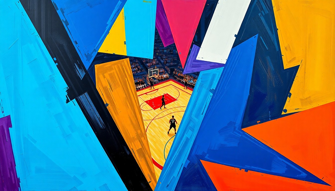A fragmented, geometric painting depicting a basketball game broken down into overlapping planes of bold, vibrant colors, conceptually representing the Mavericks' search for improved perimeter shooting.