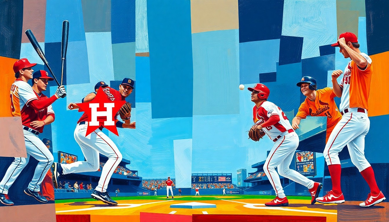 A fractured, multi-perspective painting in bold, clashing colors representing a baseball game, with sharp geometric planes and shapes conveying the tension and chaos of the Astros' defeat.