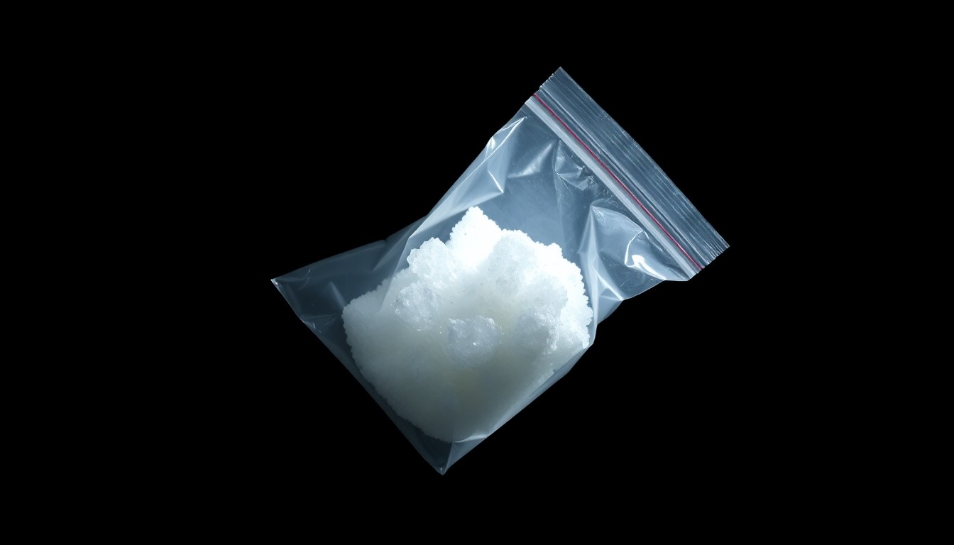 An extreme close-up of a small plastic bag containing a crystalline substance, reflecting the harsh light of a camera flash, conceptually illustrating the discovery of drugs during a police investigation.