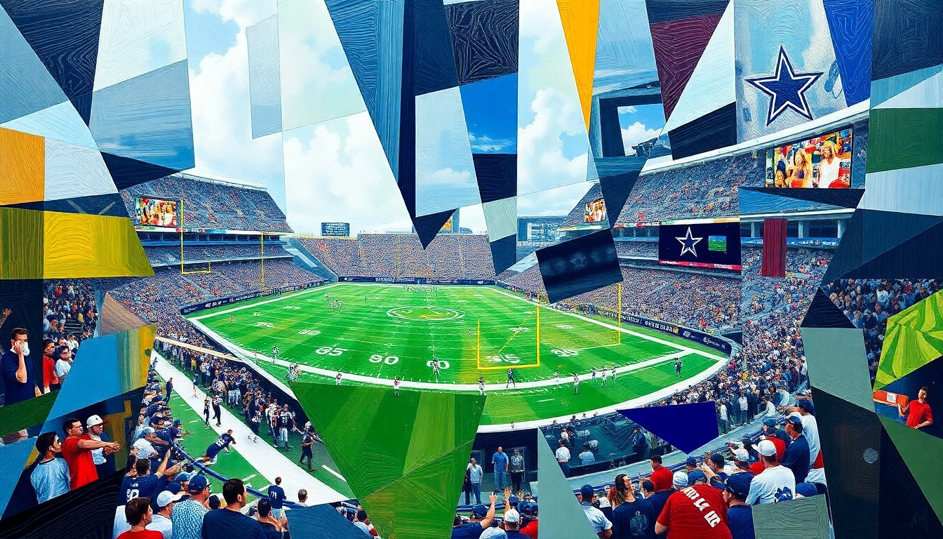A cubist, geometric painting depicting a Dallas Cowboys football game, with players and the field broken down into sharp, overlapping planes of color and shape.