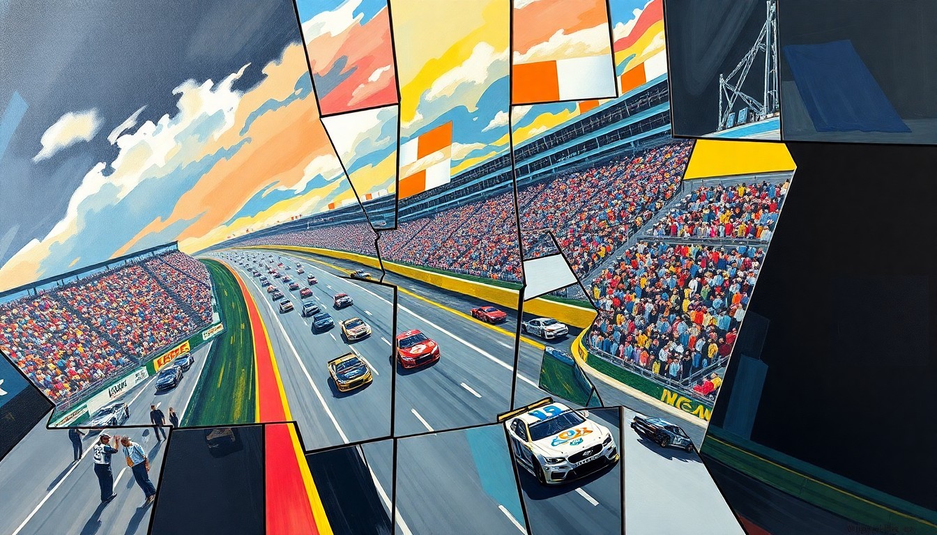 A cubist, geometric painting depicting a NASCAR race at Bristol Motor Speedway, with the track, cars, and spectators broken down into sharp, overlapping planes of color and shape, conveying the high-intensity action of short-track racing.