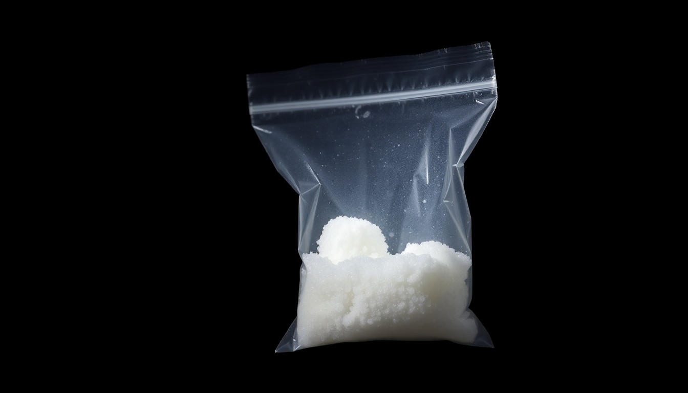 An extreme close-up of a small plastic bag containing a white crystalline substance, reflecting the harsh light of a camera flash, conceptually representing the investigation of a drug-related crime.