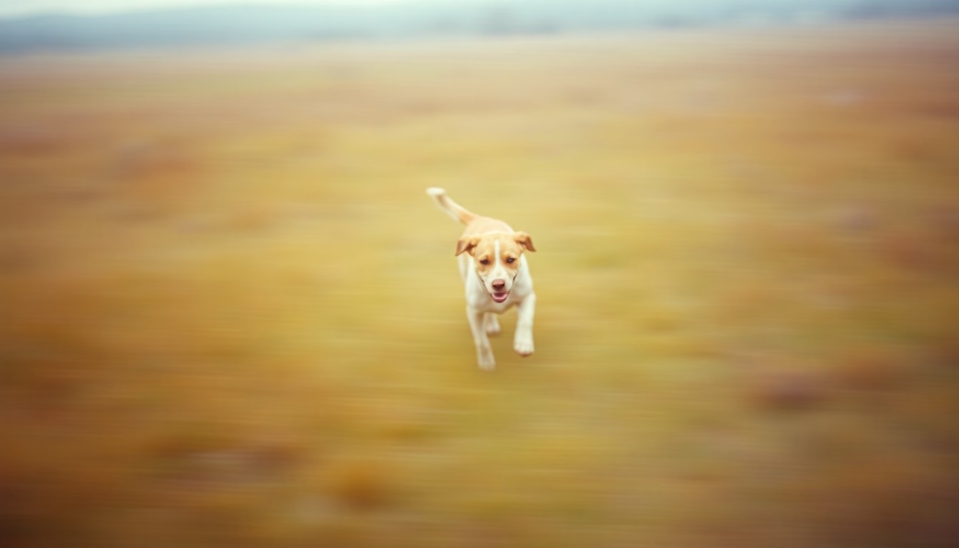 An impressionistic, out-of-focus photograph in warm tones depicting the blurred silhouette of a dog running through a grassy field, conveying the emotional search for a missing pet.