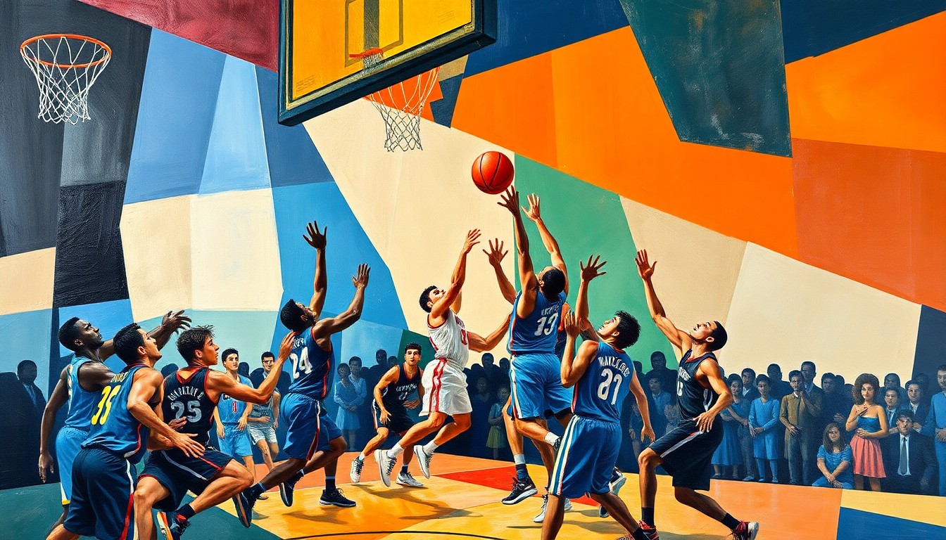A cubist-style painting depicting the action of a basketball game, with players driving to the hoop, battling for rebounds, and contesting shots, all rendered in a geometric, fragmented style using bold colors.