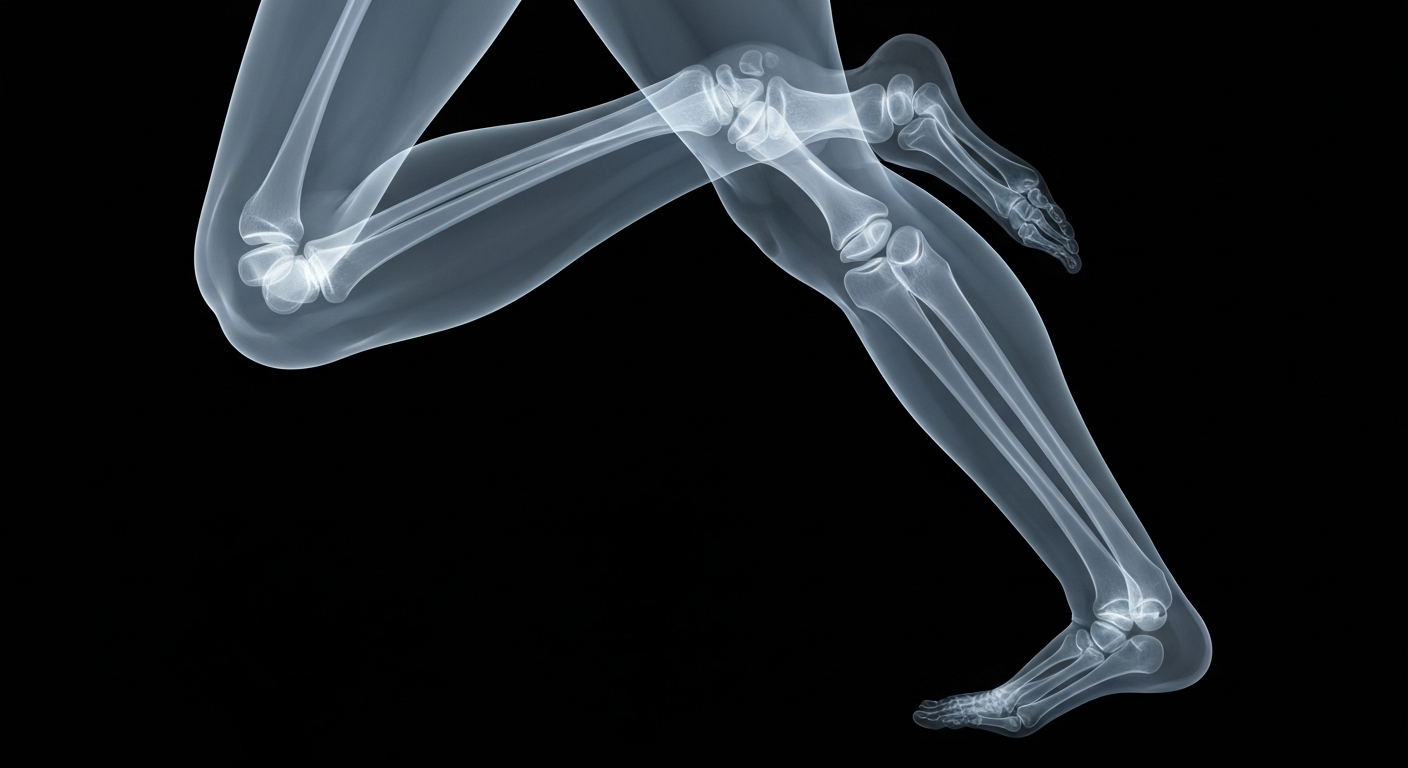 An extreme close-up X-ray photograph revealing the skeletal structure of a runner's leg in motion, conceptually representing the resilience and determination of a lifelong medical researcher still competing in the Boston Marathon.