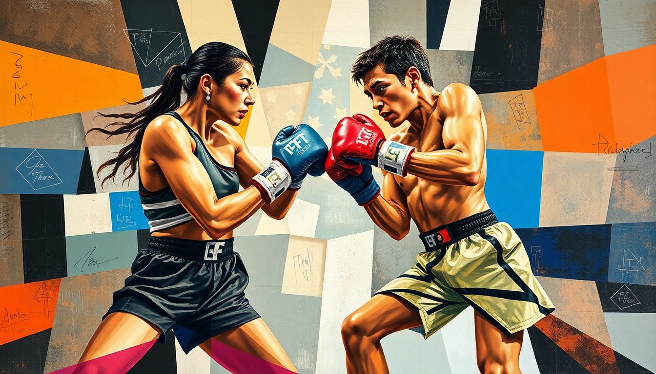 A cubist, geometric painting depicting the intense action of a boxing match, with the fighters' forms broken down into sharp, overlapping planes of color and movement.