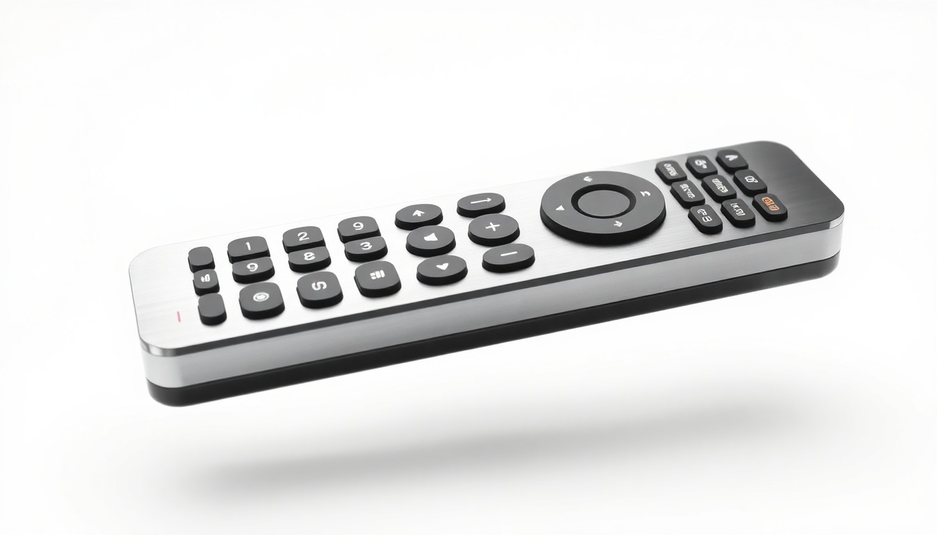 A sleek, minimalist studio photograph of a brushed metal and glass TV remote control floating on a clean white background, representing the changing nature of retail TV shopping.