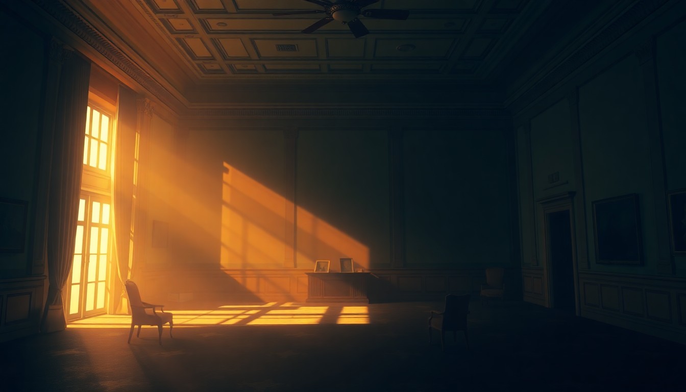 A dimly lit, cinematic interior scene of an empty government office or meeting room, with warm sunlight streaming in through the windows and casting deep shadows across the walls and furniture, creating a sense of unease and fragility.