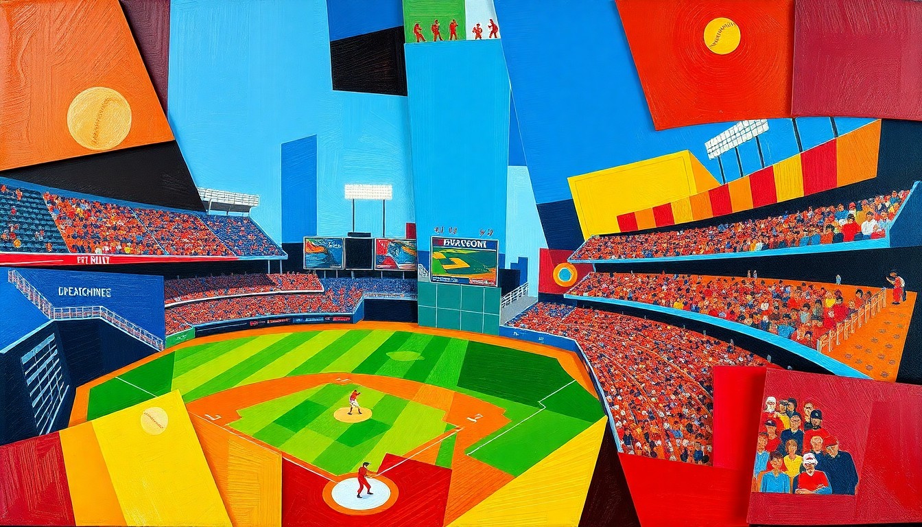 A cubist-style painting depicting a baseball game, with the players and field broken down into sharp, overlapping geometric shapes in vibrant colors like blue, red, and yellow, conveying the intensity and energy of the rivalry matchup.