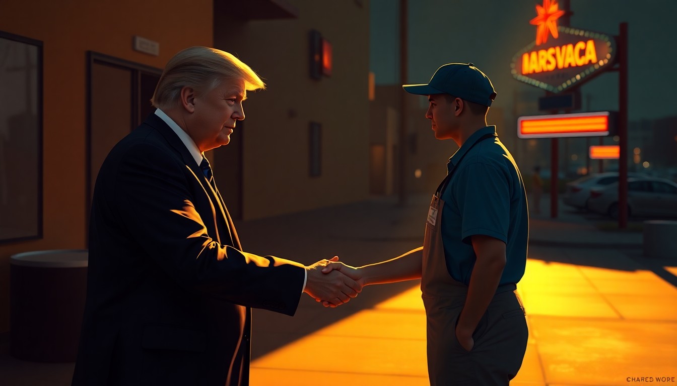 A serene, cinematic painting depicting President Trump shaking hands with a Las Vegas service worker, the scene bathed in warm, golden light and deep shadows, capturing the quiet, hopeful mood of the President's tax cut policies benefiting working Americans.