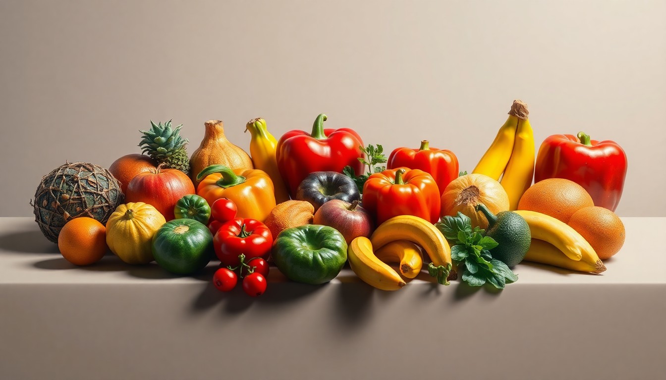 A high-end, photorealistic studio still-life photograph featuring a variety of fresh produce items arranged elegantly on a clean, monochromatic background, conceptually representing the strategic importance of the fresh produce industry.