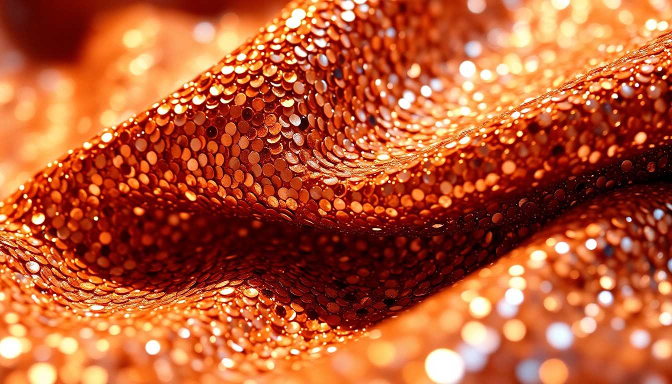 An extreme close-up photograph of luxurious, glittering festival merchandise textures like sequins, shimmering fabrics, and metallic accents, captured in dramatic high-contrast studio lighting to create a glamorous, high-fashion aesthetic.