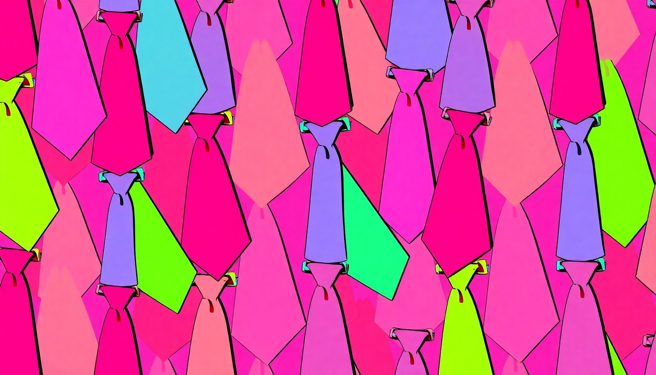 A brightly colored, high-contrast silkscreen print of a single black necktie icon repeated in a tight grid pattern, rendered in vibrant neon hues and heavy black outlines to create a modern pop art representation of a wedding accessory.