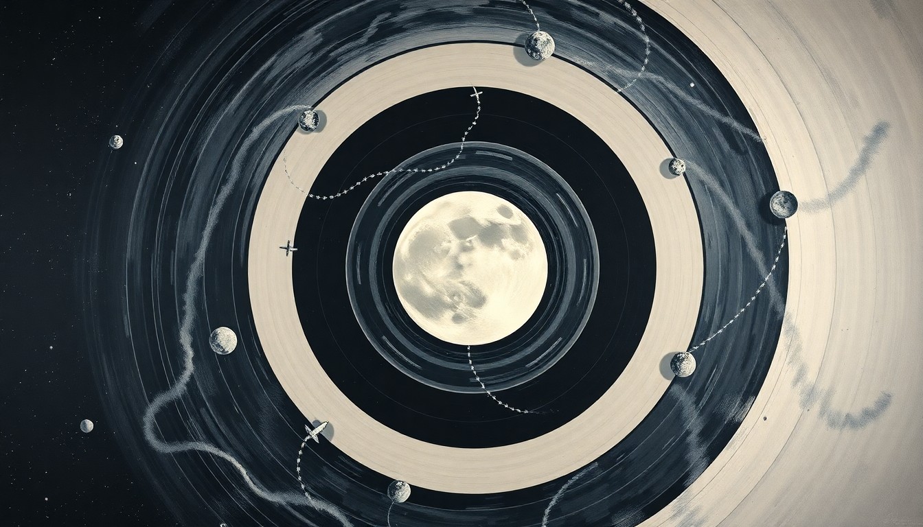 A bold, abstract painting in soft blues, greens, and grays depicting the Artemis II spacecraft's journey around the moon, represented through sweeping geometric shapes and precise orbital patterns, conveying the grandeur and technical precision of the mission.