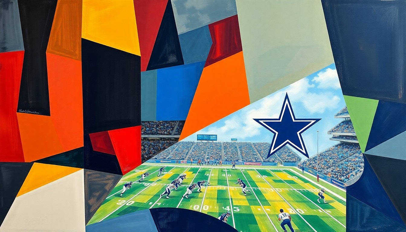 A cubist-style painting depicting a Dallas Cowboys football game, with the players and field broken down into sharp, overlapping geometric shapes and planes, conveying the dynamic and complex nature of the team's potential roster moves.