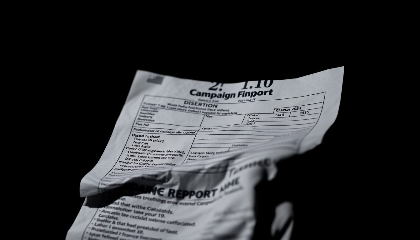 An extreme close-up of a crumpled campaign finance report reflecting a harsh, direct camera flash, conceptually illustrating the investigation into alleged financial misconduct by a local political candidate.