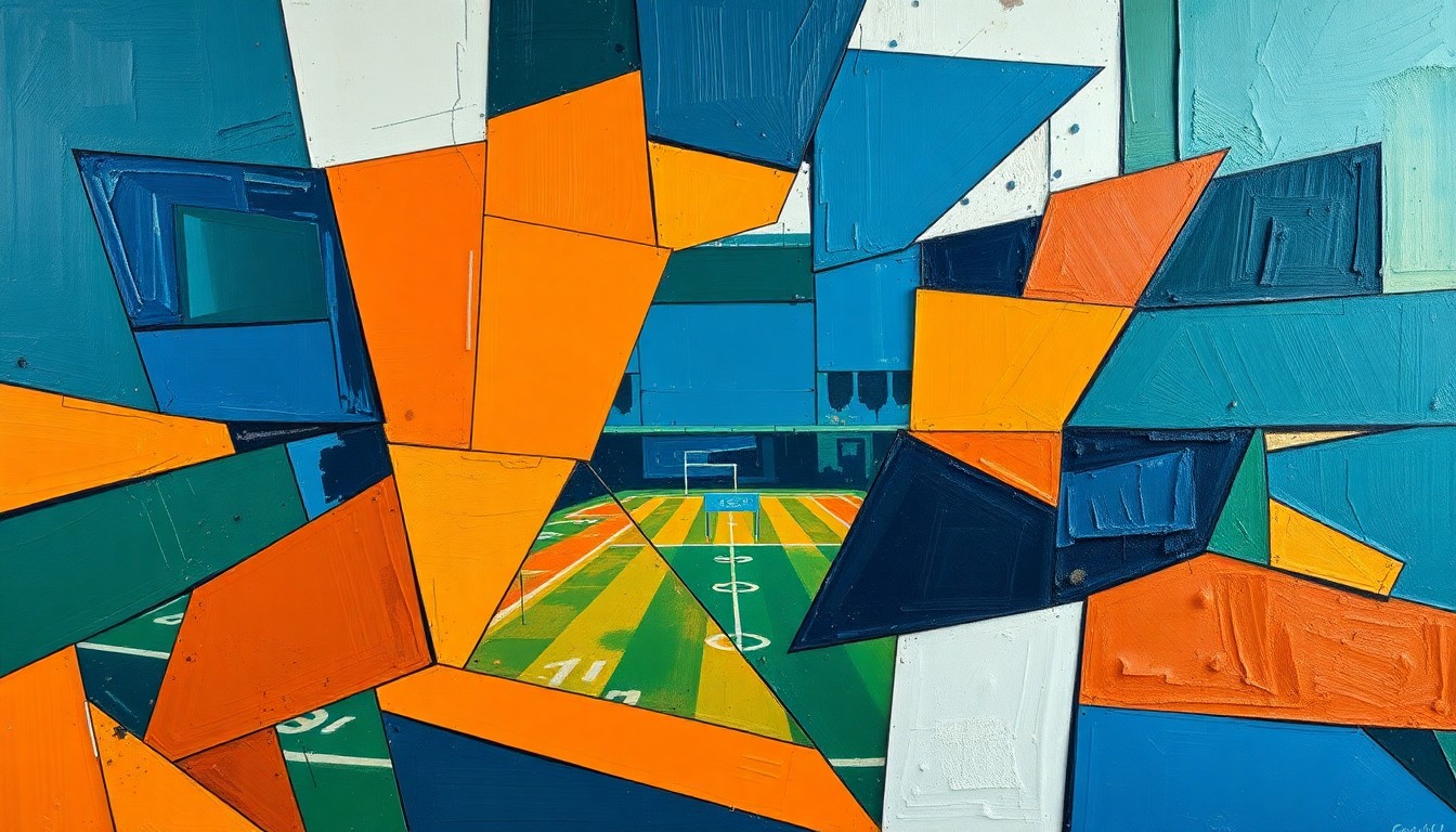 A cubist, geometric painting depicting a fragmented football game or match, with sharp planes of navy blue, forest green, and burnt orange colors overlapping to create a sense of motion and multiple perspectives.