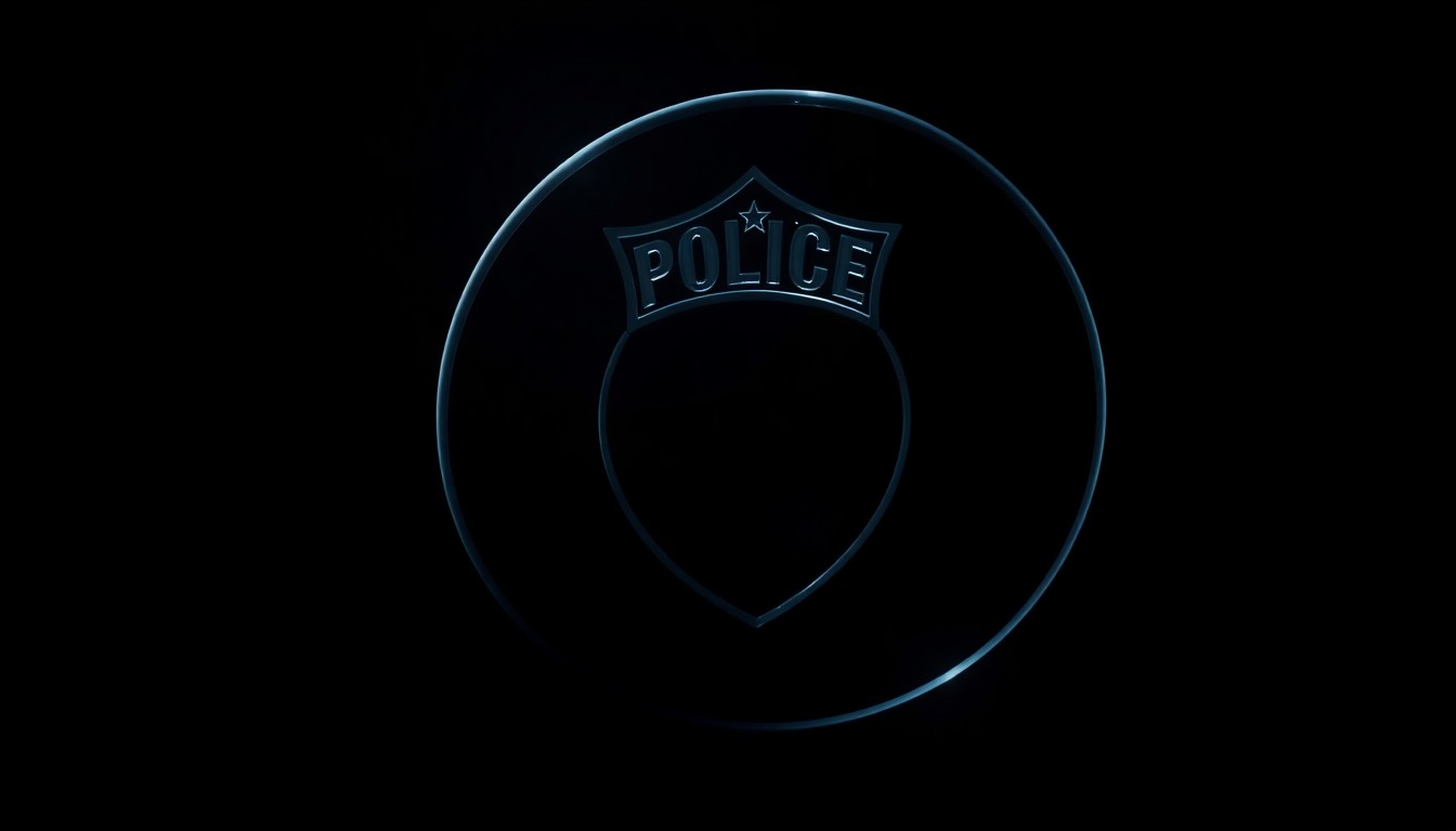 An extreme close-up photograph of a police badge or handcuffs lit by a harsh, direct camera flash against a pitch-black background, conceptually representing the stark, gritty investigation into the former police chief's alleged embezzlement.